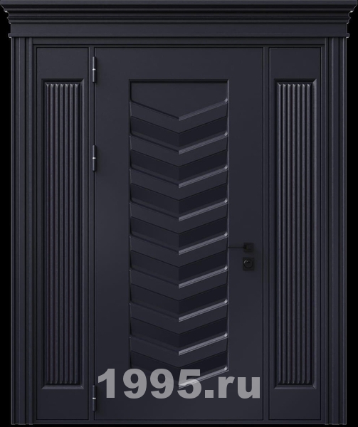 Стальная термодверь с металлофиленкой, вставками по бокам, карнизом и порошковым покрытием RAL 7016 (тип №3)