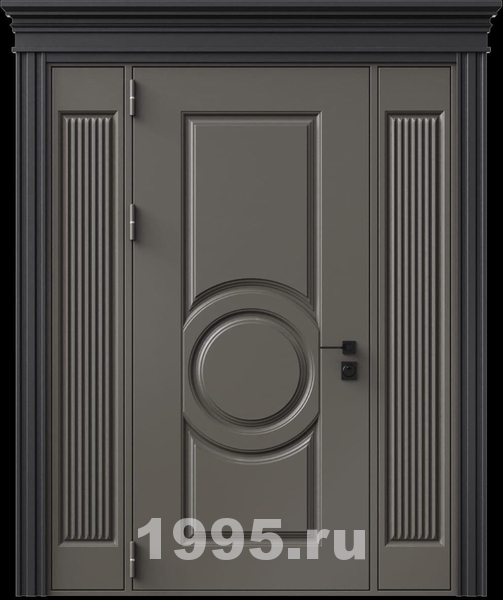 Стальная дверь с металлофиленкой, вставками по бокам, карнизом и порошковым покрытием RAL 7022 (тип №1)