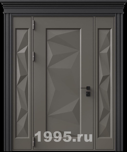 Стальная дверь с металлофиленкой, вставками по бокам, карнизом и порошковым покрытием RAL 7022 (тип №6)