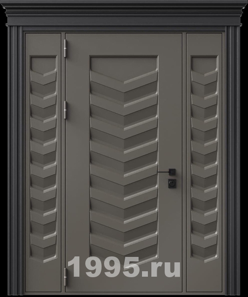 Стальная дверь с металлофиленкой, вставками по бокам, карнизом и порошковым покрытием RAL 7022 (тип №8)