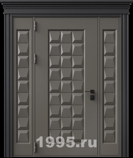 Стальная дверь с металлофиленкой, вставками по бокам, карнизом и порошковым покрытием RAL 7022 (тип №9)