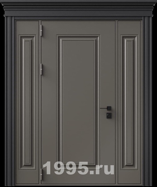 Стальная дверь с металлофиленкой, вставками по бокам, карнизом и порошковым покрытием RAL 7022 (тип №10)