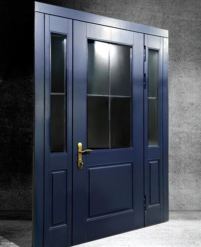 Полуторная дверь МДФ RAL синяя с остеклением и вставкой