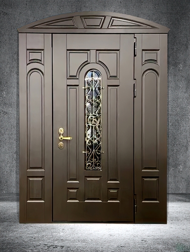Стальная дверь арочного типа МДФ со вставками, стеклопакетом и решеткой
